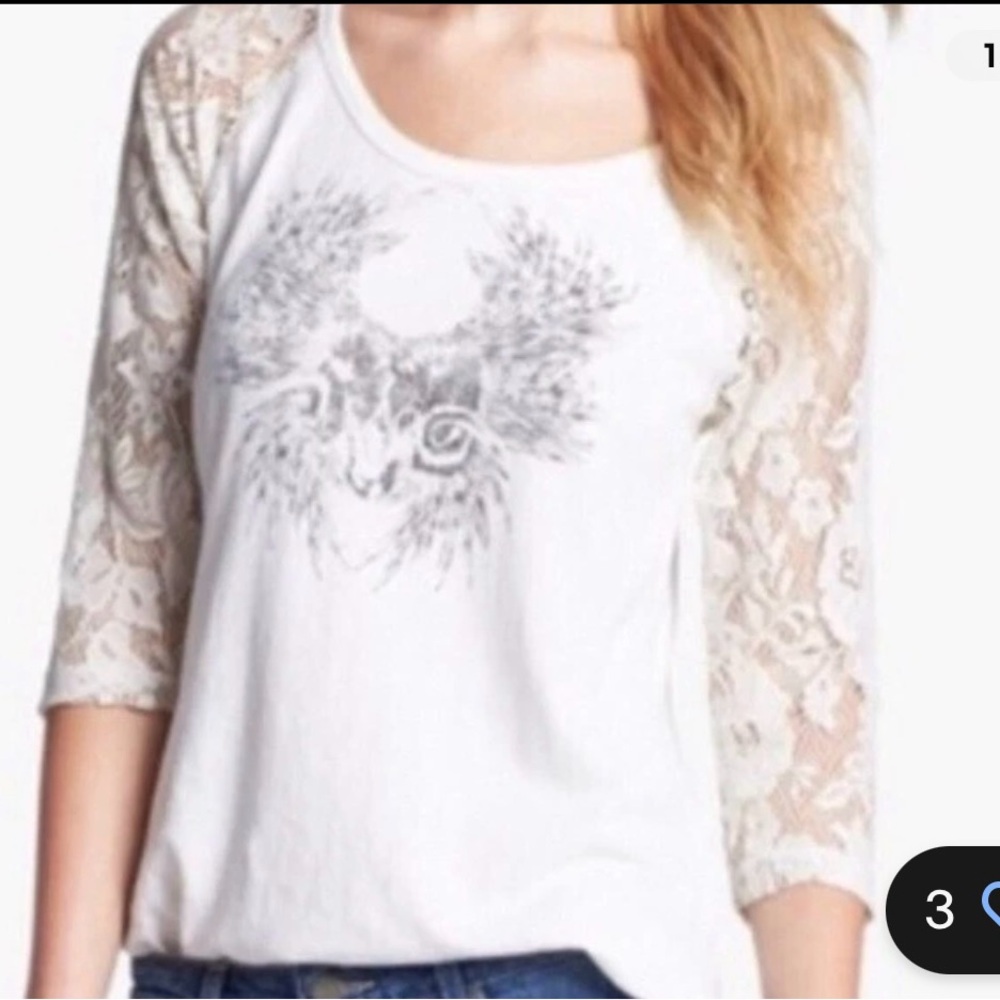We The Free Cream Lace Sleeve Tee